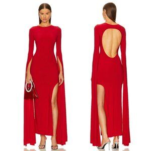 NEW Norma Kamali Open Back Ribbon Sleeve Wide Slit Gown Tiger Red Maxi Dress XL